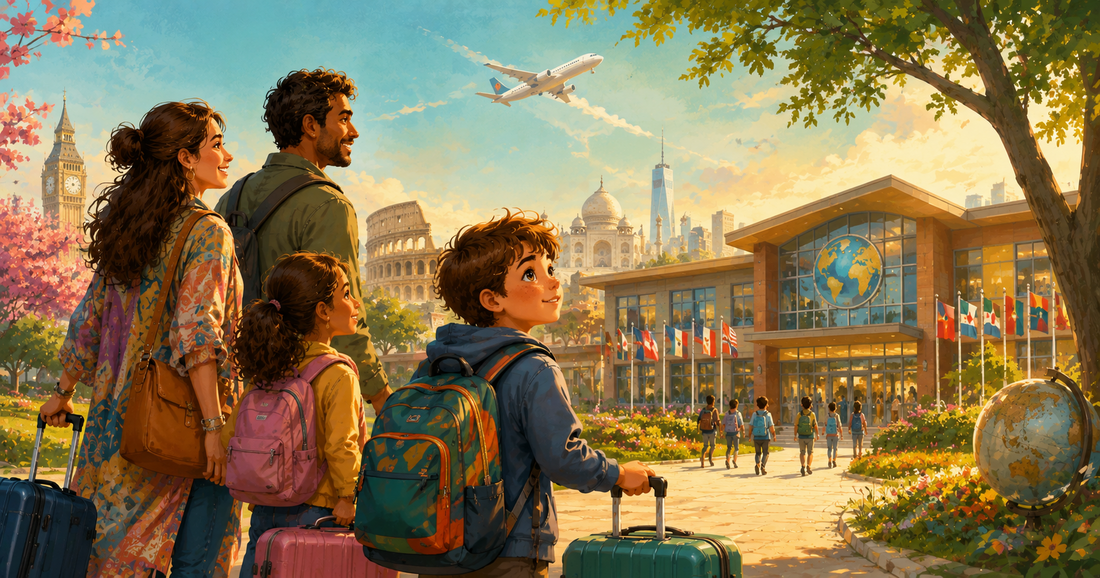 Family with children arriving at a school carrying suitcases, symbolising international education, school transitions and learning around the world.
