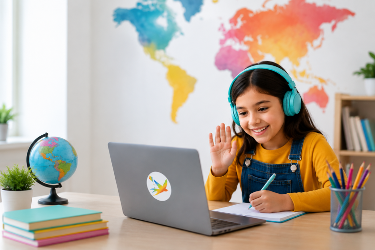 Child smiling and waving during a live online learning session with a laptop, notebook and world map, illustrating engaging virtual tuition for students around the world.