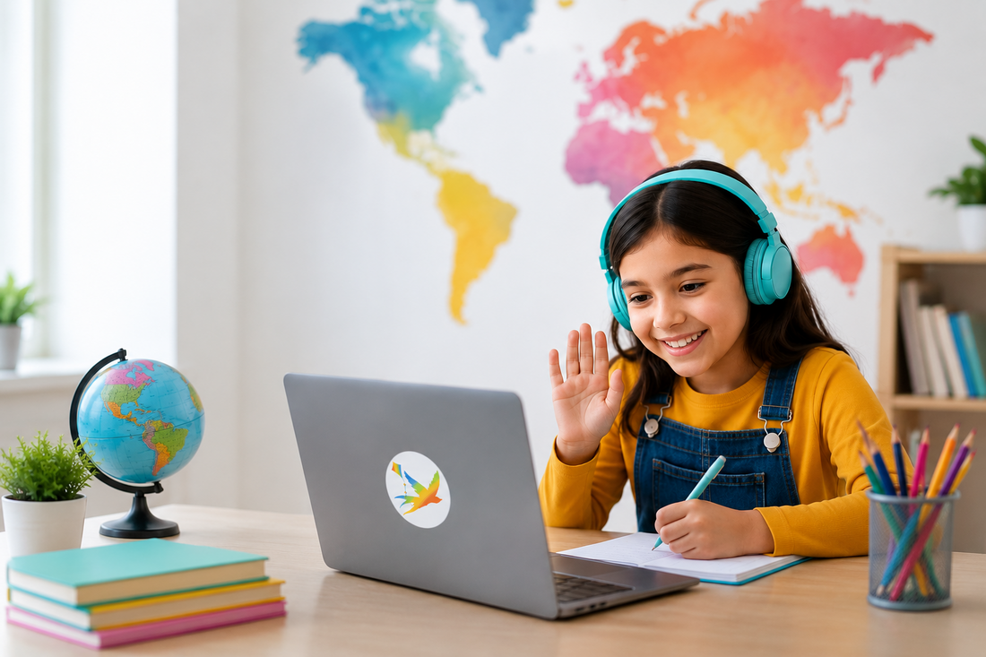 Child smiling and waving during a live online learning session with a laptop, notebook and world map, illustrating engaging virtual tuition for students around the world.