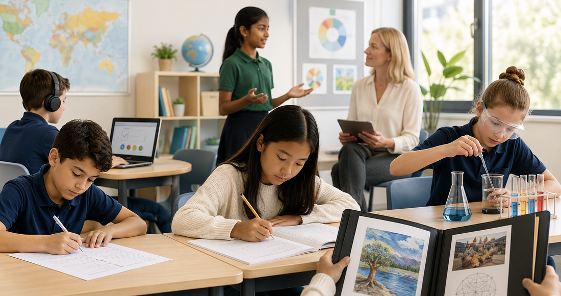 Students engaged in a range of classroom activities including literacy, science, technology and discussion, reflecting an engaging and well-rounded learning environment.