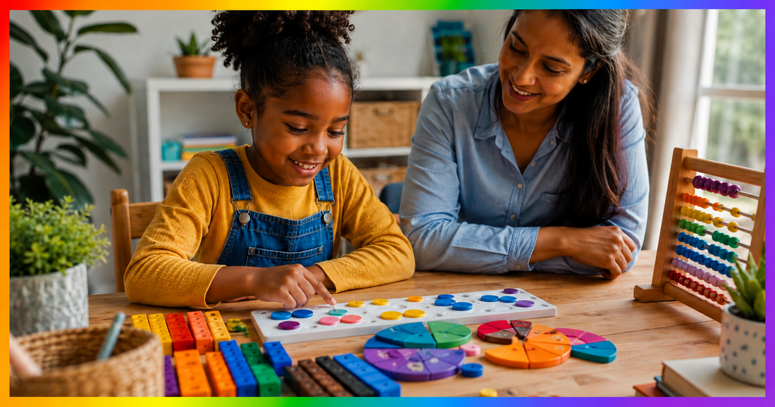 One-to-one maths tuition using practical resources including counters, fraction circles, Cuisenaire rods and an abacus to support learners with dyscalculia and build number confidence.