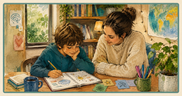 Child working with a private tutor on a personalised learning activity in a welcoming study space with books, plants and educational materials.