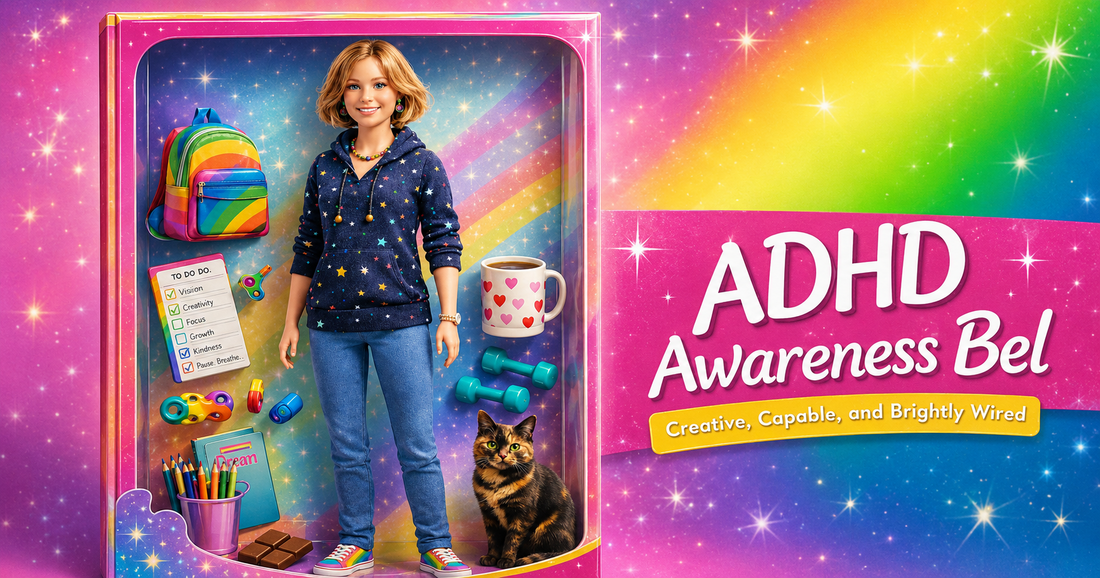 Colourful ADHD awareness illustration featuring a doll-style character with a rainbow backpack, planner, sensory toys and a cat, celebrating creativity, focus, individuality and neurodiversity.