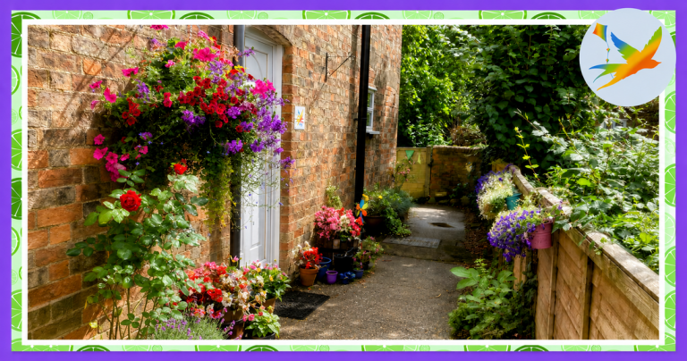 Entrance to a welcoming home tutoring space in Bedford, surrounded by colourful flowers and a peaceful garden, creating a calm environment for one-to-one learning.