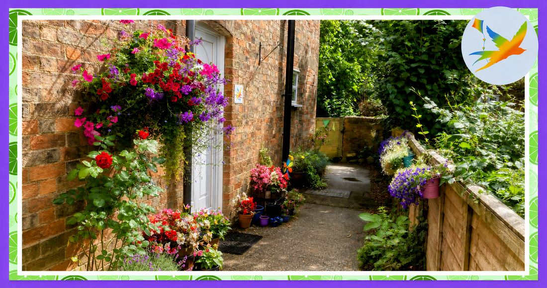 Entrance to a welcoming home tutoring space in Bedford, surrounded by colourful flowers and a peaceful garden, creating a calm environment for one-to-one learning.
