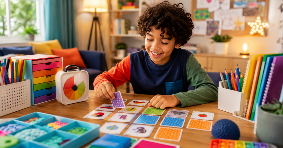 Young learner using interactive educational games and colourful resources to build memory, attention and thinking skills in a supportive learning environment.