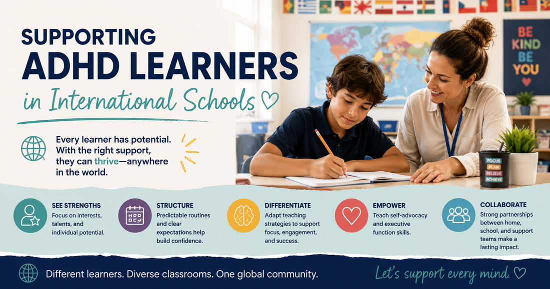 Educational infographic explaining how international schools can support students with ADHD through personalised teaching, predictable routines, executive function strategies and collaborative support.