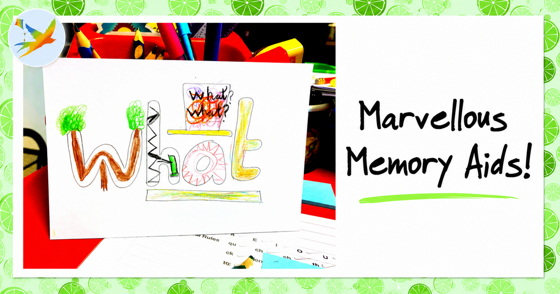 Example of a creative spelling memory aid that uses pictures and visual cues to help children remember and spell tricky words with confidence.