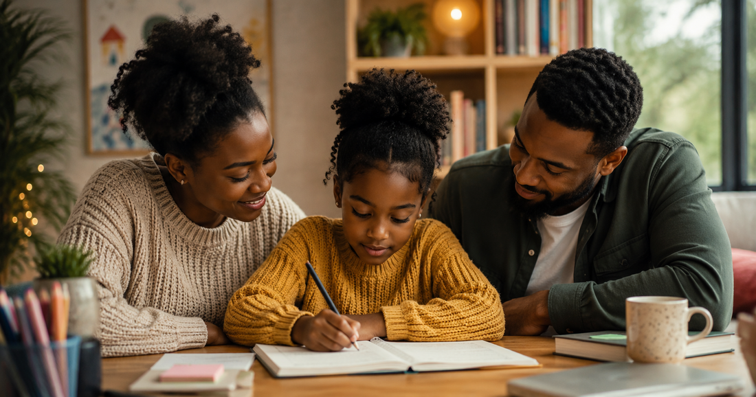 Family supporting a child's home education with one-to-one learning at the kitchen table.
