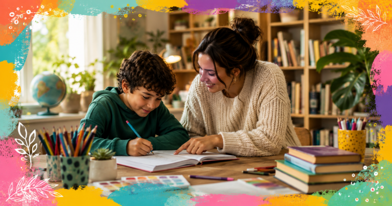 Private tutor supporting a student during a one-to-one learning session with books, pencils and educational resources.