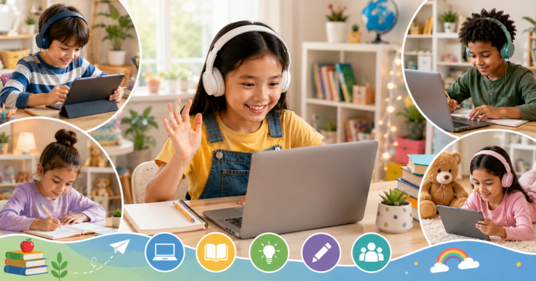 Collage of children learning online from home using laptops and tablets, illustrating engaging virtual lessons, personalised teaching and flexible online education.