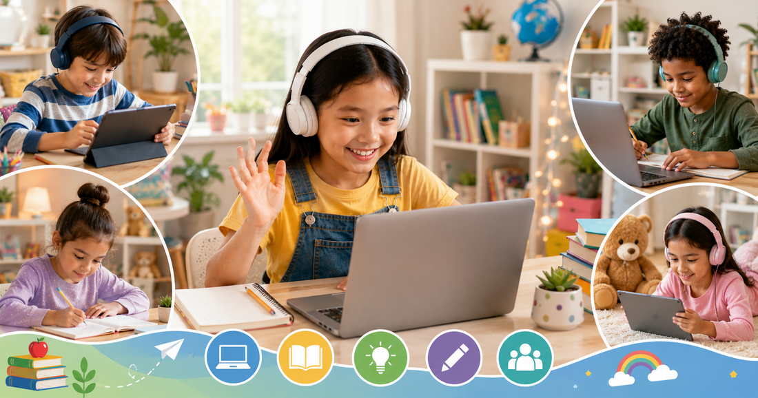 Collage of children learning online from home using laptops and tablets, illustrating engaging virtual lessons, personalised teaching and flexible online education.