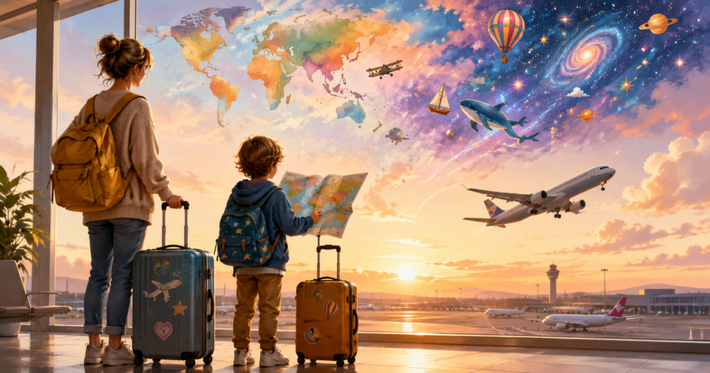 Parent and child preparing for international travel while exploring a world map, highlighting Kite Tutoring's personalised online tuition and educational support for families in the UK and around the world.