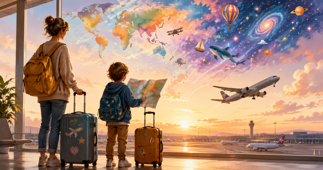 Parent and child preparing for international travel while exploring a world map, symbolising overseas education, online learning and support for families worldwide.