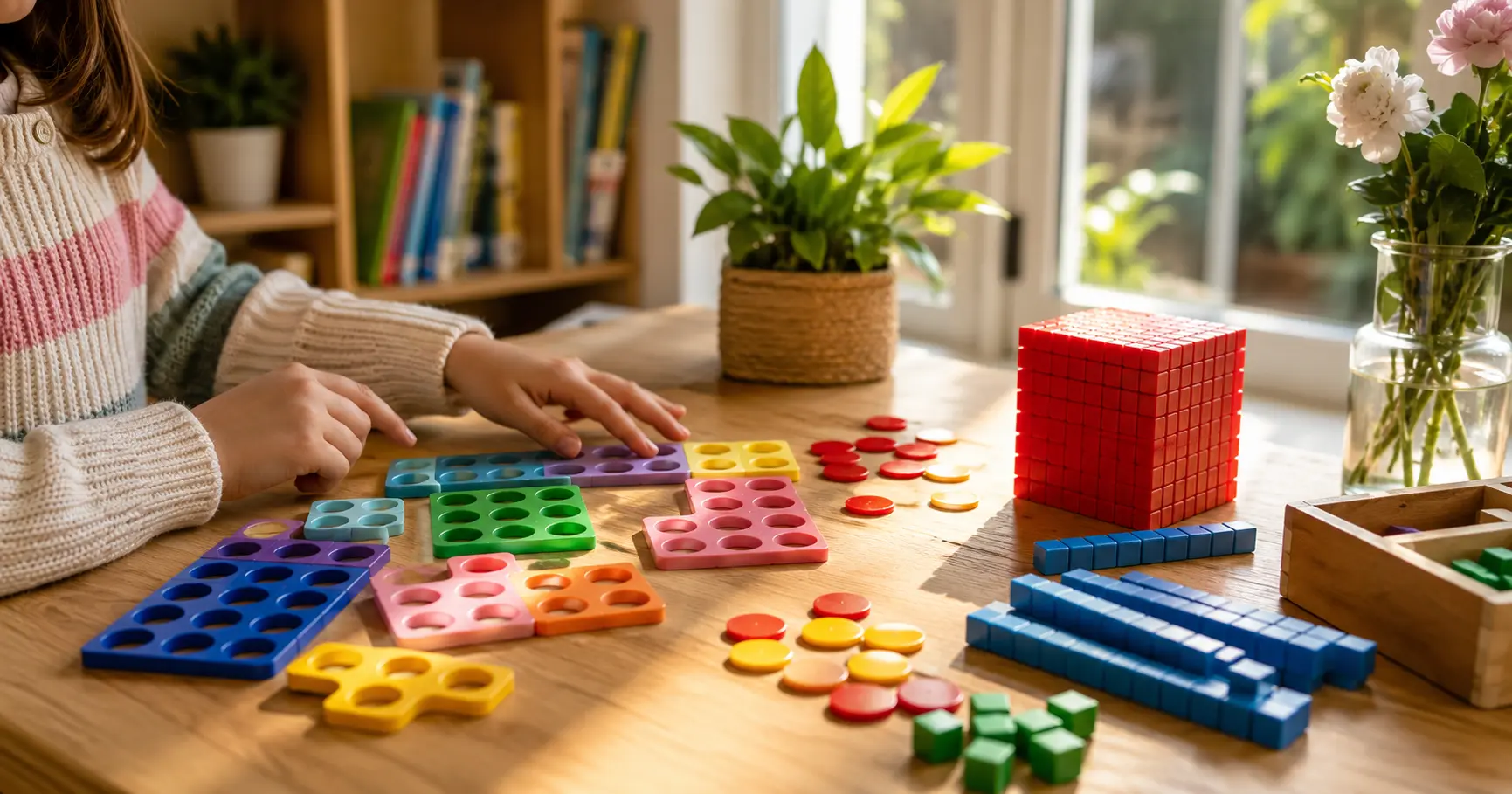 Primary school child learning maths with Numicon, base ten blocks and counting counters, demonstrating practical maths resources used in one-to-one tutoring.