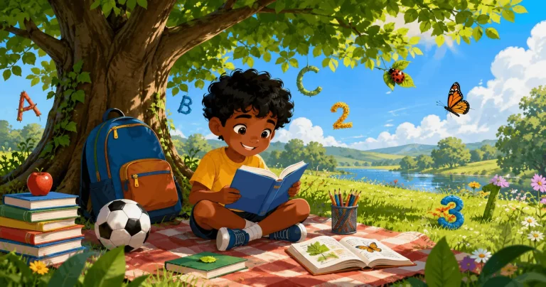 Child reading beneath a tree with books and learning resources in a peaceful outdoor setting, encouraging literacy, imagination and a lifelong love of learning.