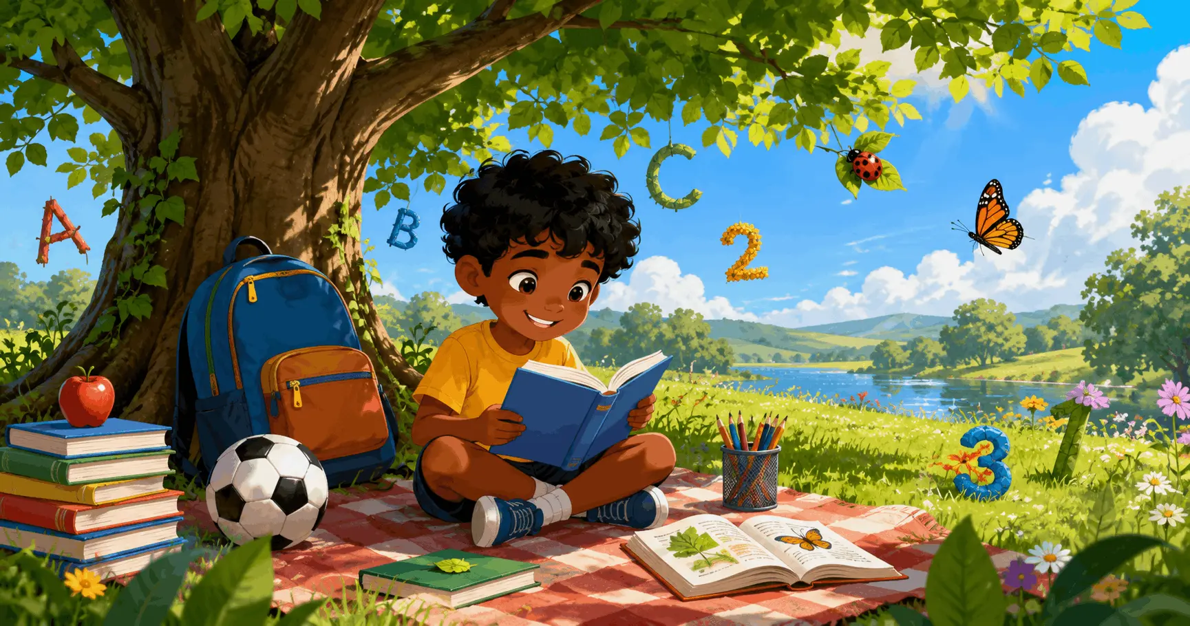 Child reading beneath a tree with books and learning resources in a peaceful outdoor setting, encouraging literacy, imagination and a lifelong love of learning.