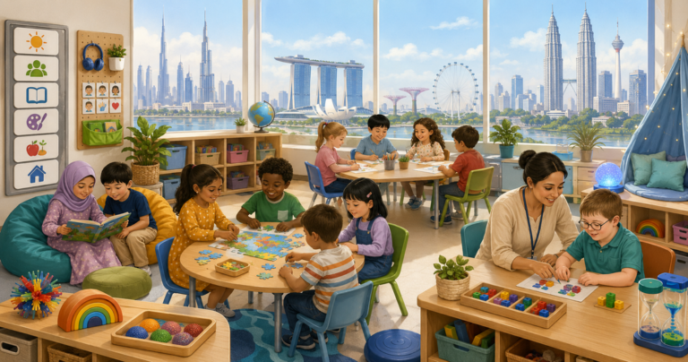 Children learning in a welcoming international classroom with collaborative activities, colourful educational resources and a multicultural learning environment.