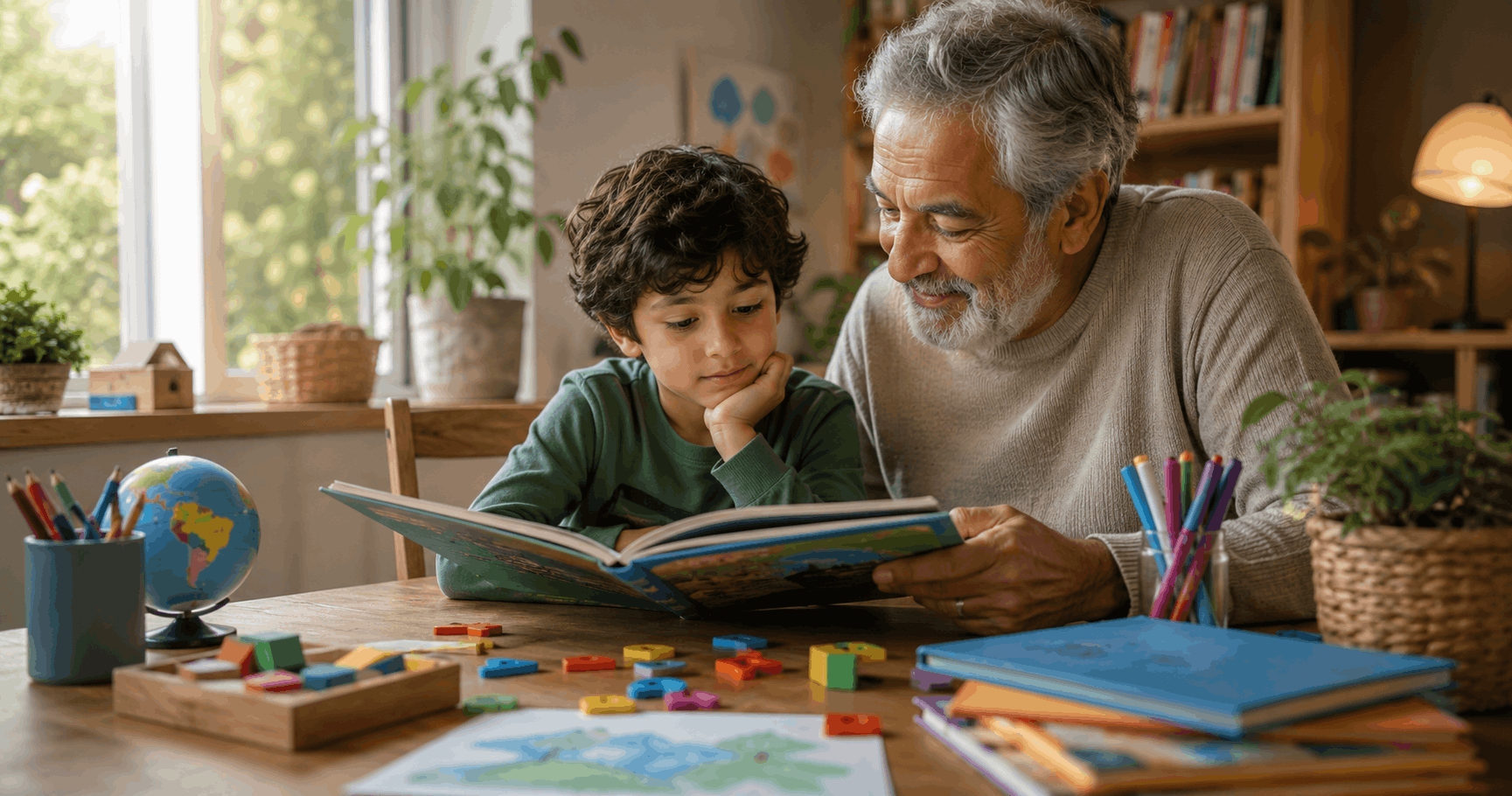 Child sharing a reading session with an adult in a welcoming learning environment, developing literacy skills, confidence and a lifelong love of books.