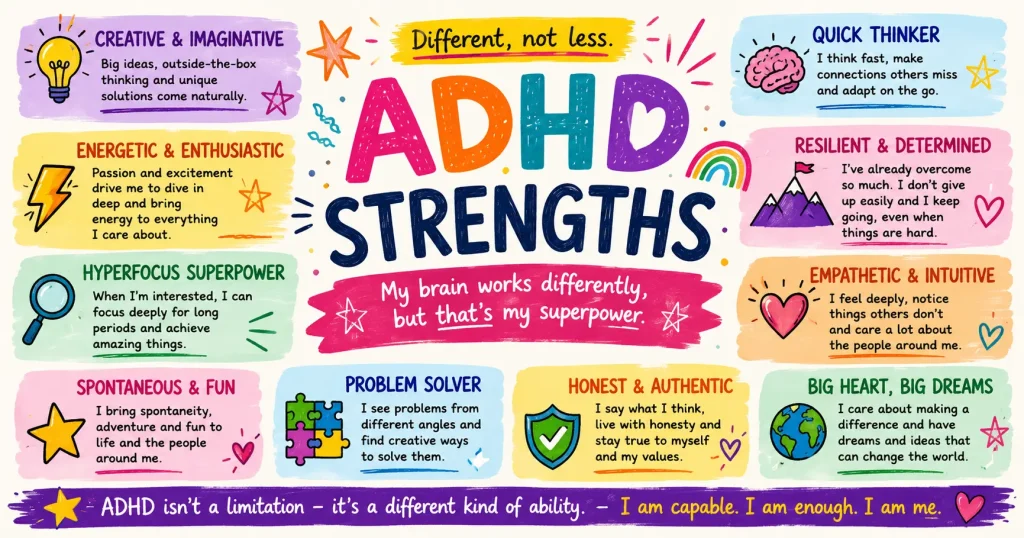 A colourful infographic celebrating ADHD strengths with the bold title "ADHD Strengths" and the message "Different, not less." The poster highlights positive qualities including creativity and imagination, quick thinking, energy and enthusiasm, resilience, hyperfocus, empathy, spontaneity, problem solving, honesty, and having big dreams. Bright illustrations of a lightbulb, brain, rainbow, mountains, heart, globe, puzzle pieces, shield, magnifying glass, and stars accompany each section. A banner at the bottom reads, "ADHD isn't a limitation, it's a different kind of ability. I am capable. I am enough. I am me."