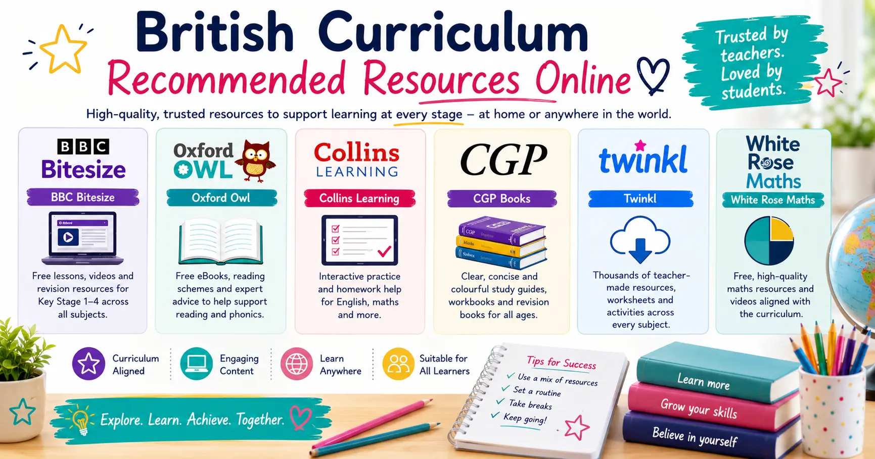 Featured image for a guide to the best British curriculum online resources, highlighting BBC Bitesize, Oxford Owl, Collins Learning, CGP Books, Twinkl and White Rose Maths for UK and international learners.