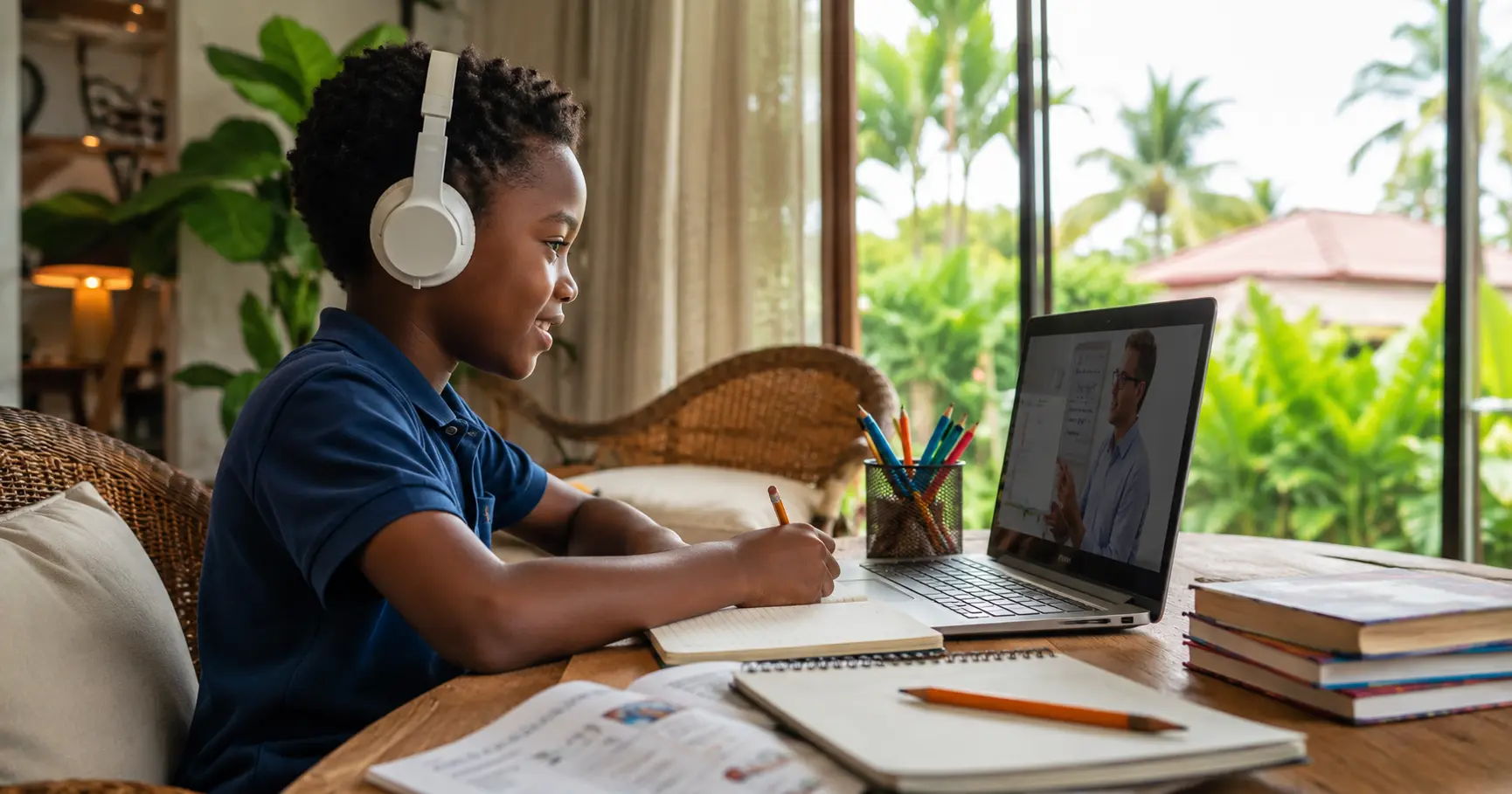 Child in Thailand taking an online British Curriculum English lesson with educational resources in a bright home setting.