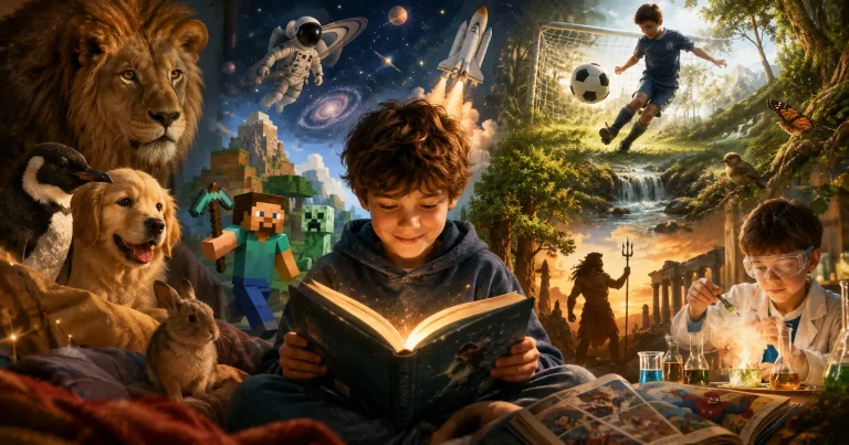 A young child reads a glowing book while scenes inspired by their favourite interests come to life around them, including animals, space, computer games, football, nature, mythology, science experiments and comics, showing how reading can connect to every passion.
