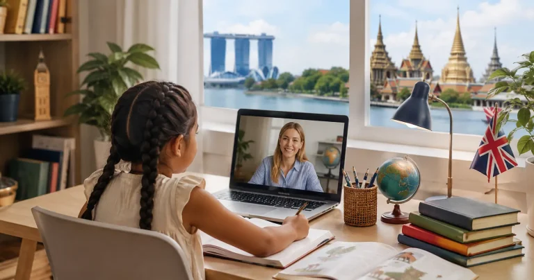 Child taking part in an online tutoring lesson with a teacher on a laptop, with views of Singapore and Thailand landmarks in the background, representing international education for British families abroad.