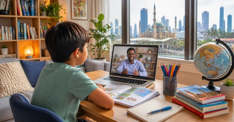 A child attends an engaging online British Curriculum lesson from a modern family home overseas, using a laptop with a friendly tutor on screen. The desk includes educational books, colourful stationery and a globe, while a contemporary international city skyline is visible through the window, creating a bright, calm and inspiring learning environment.