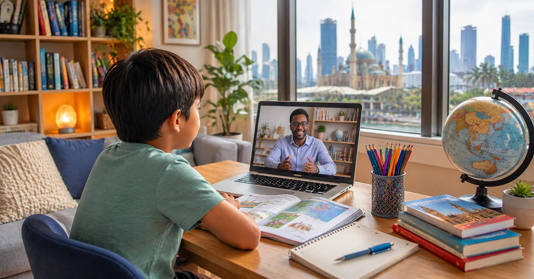 A child attends an engaging online British Curriculum lesson from a modern family home overseas, using a laptop with a friendly tutor on screen. The desk includes educational books, colourful stationery and a globe, while a contemporary international city skyline is visible through the window, creating a bright, calm and inspiring learning environment.