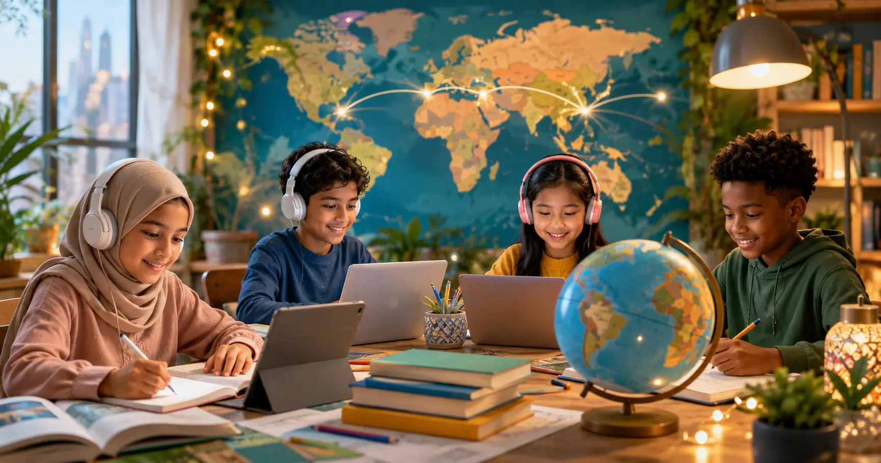 A diverse group of children studying together online in a bright, welcoming learning space using laptops, books and educational resources inspired by the British Curriculum. A globe and world map subtly highlight global connections between Riyadh, Jeddah, Dubai and Bangkok, creating an inspiring international learning environment.