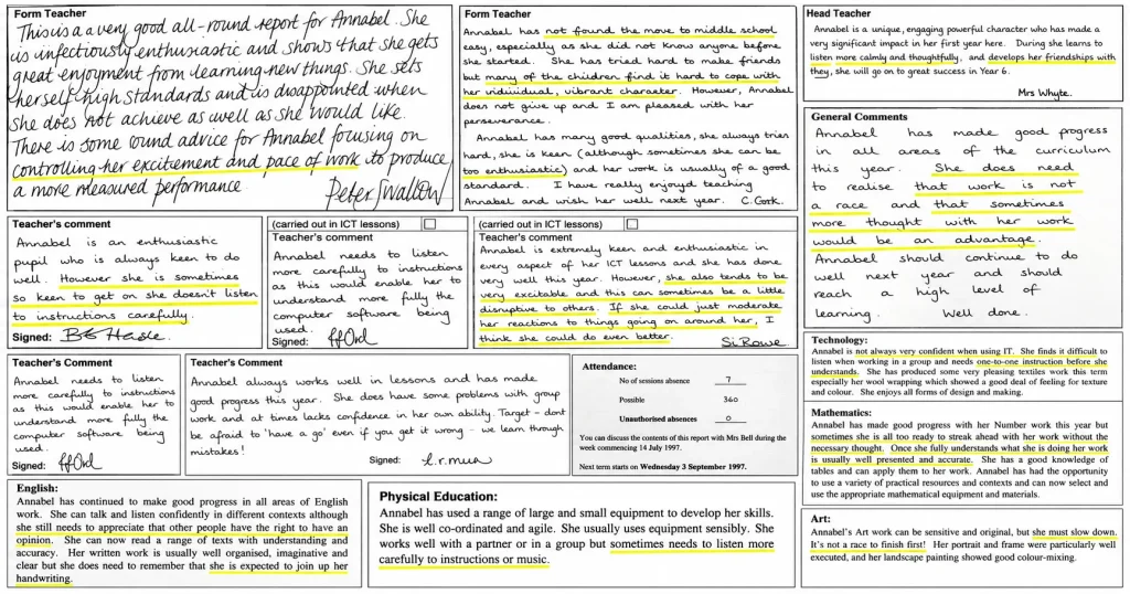 A collage of historical school report comments from primary and middle school, featuring handwritten teacher feedback across multiple subjects including English, Mathematics, Art, Technology, ICT, Physical Education, and general comments. Many passages are highlighted, revealing recurring themes such as enthusiasm for learning, creativity, listening more carefully to instructions, slowing down, thinking work through, and building confidence. The reports document the student's academic progress, strengths, and personal development over several school years.