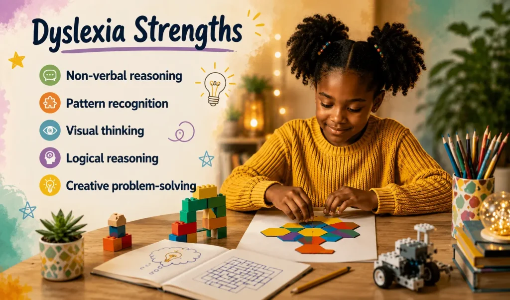 A young girl enjoys a colourful pattern-building activity at a cosy learning table beside an illustrated list of dyslexia strengths, including non-verbal reasoning, pattern recognition, visual thinking, logical reasoning and creative problem-solving.