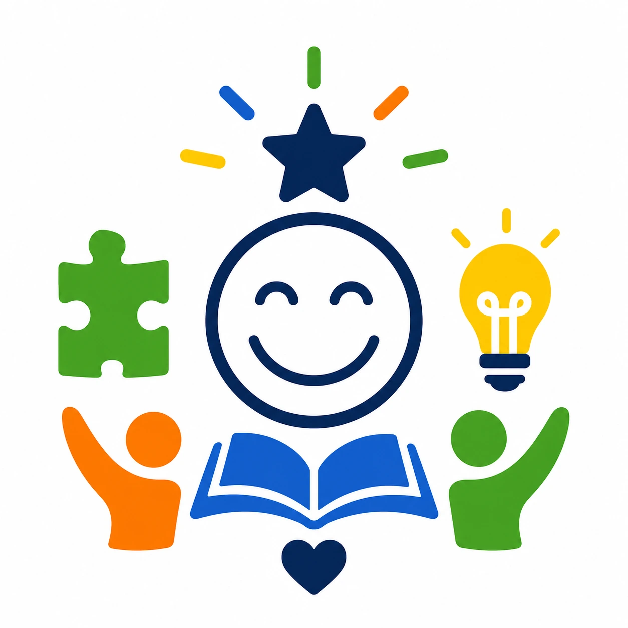 Colourful illustration of a smiling learner surrounded by books, ideas, puzzle pieces and celebration symbols representing engaging and enjoyable learning.