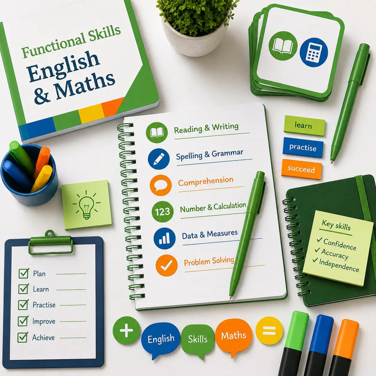 Functional Skills English and Maths learning resources covering reading, writing, spelling, calculation and problem-solving skills.