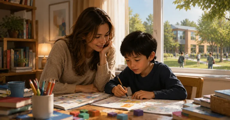 Parent supporting a dyslexic child preparing for GL Assessments using engaging reading and reasoning activities in a calm learning environment.