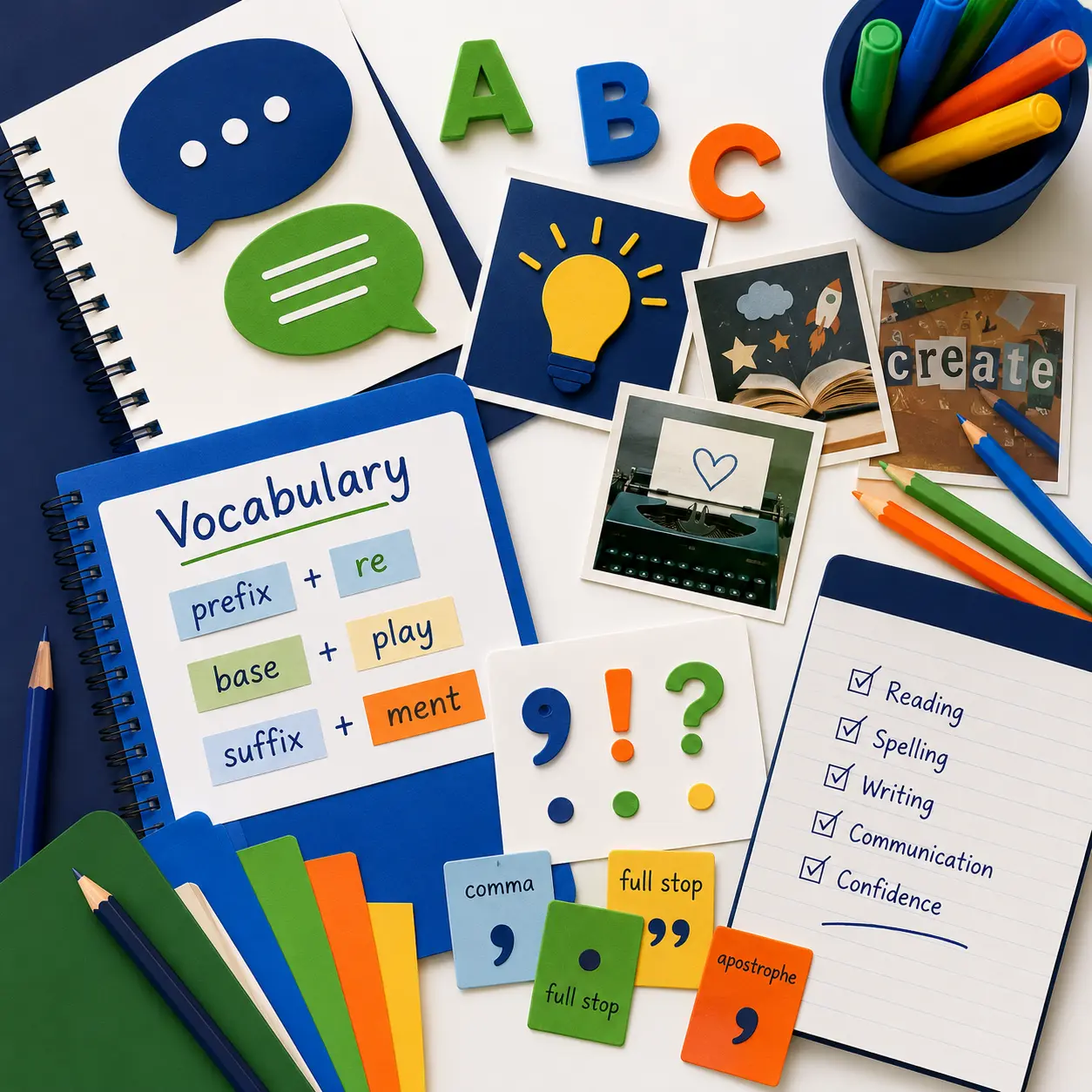 Creative English learning resources including vocabulary activities, punctuation cards, notebooks, speech bubbles, writing tools and literacy prompts displayed on a colourful tabletop.