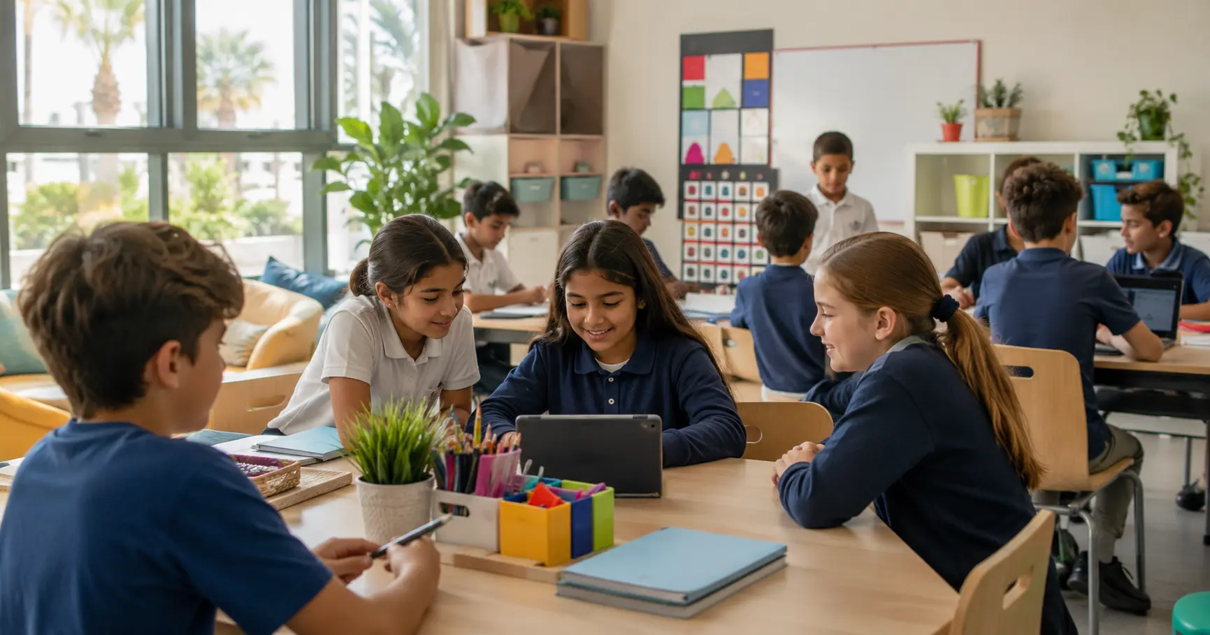 Students collaborating in a bright Dubai international school classroom with ADHD-friendly learning and supportive group activities.