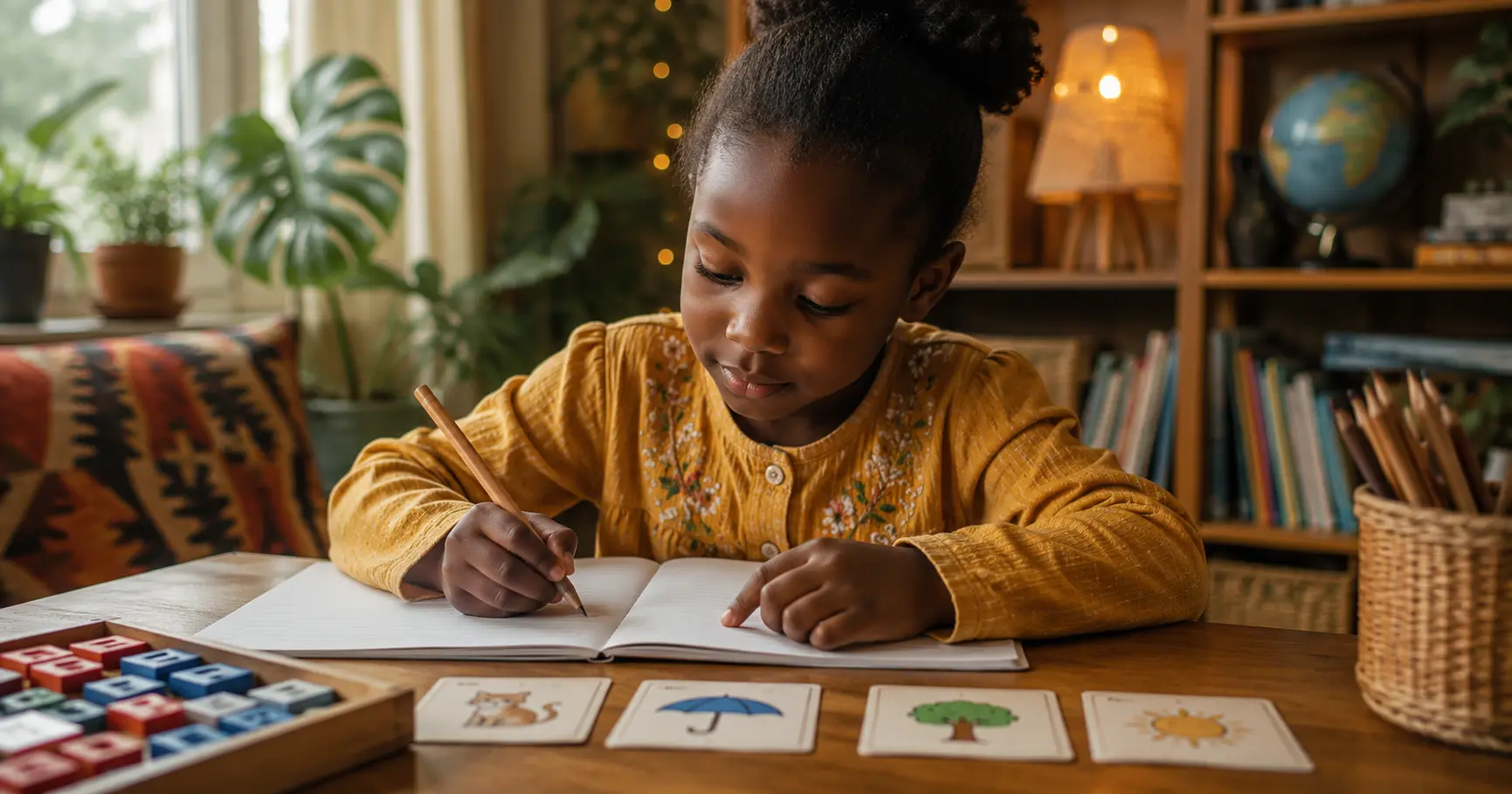 A KS1 child practises English by writing in an exercise book while using phonics and picture-word cards in a warm, welcoming home learning environment with natural light and hands-on literacy resources.