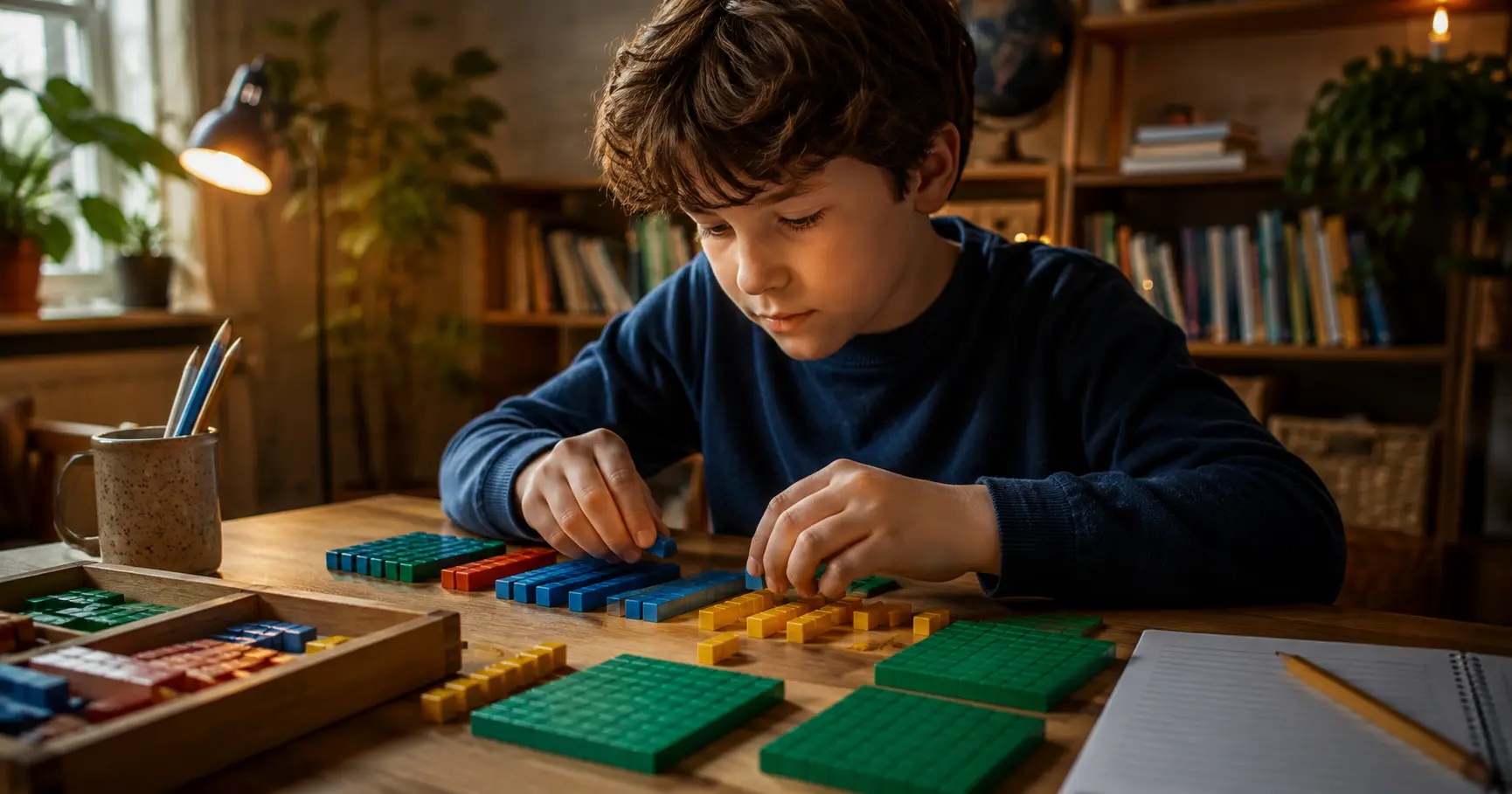 A KS2 pupil uses colourful maths manipulatives, including base ten blocks, to develop number skills and place value while working independently at a table in a bright, welcoming learning environment.