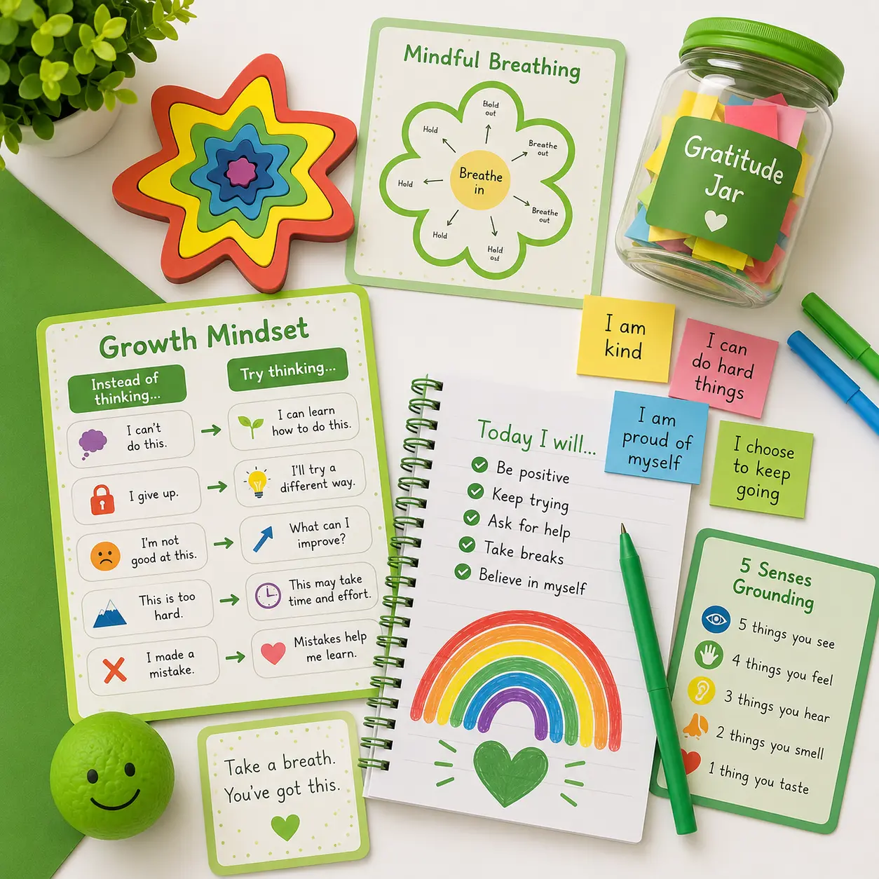 Mindfulness and confidence-building resources including growth mindset activities, breathing exercises, affirmation cards, sensory tools and wellbeing materials arranged on a bright tabletop.