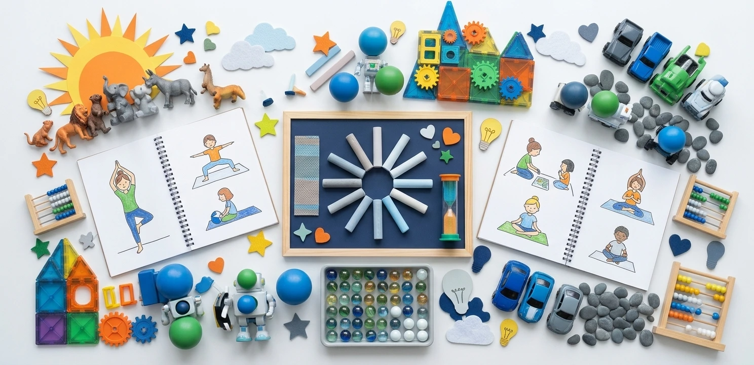 Colourful mindfulness learning resources including calming activities, sensory materials, yoga illustrations, educational toys and creative play resources arranged on a white background.