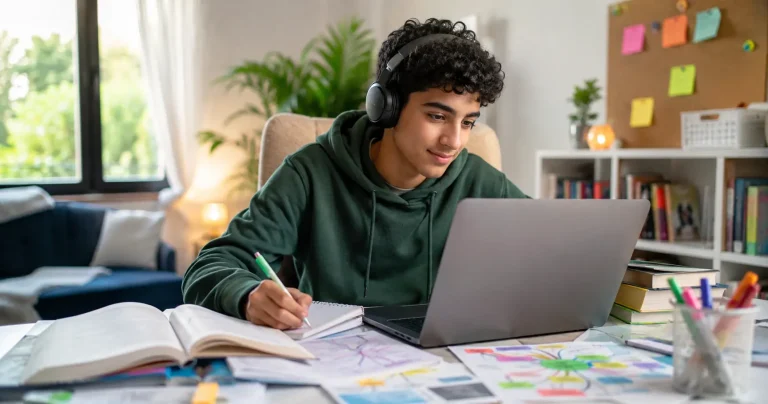 Neurodivergent teenager studying iGCSE English online in a bright, calm home learning space with a laptop, colourful notes, books, mind maps, and supportive educational resources, illuminated by natural light.