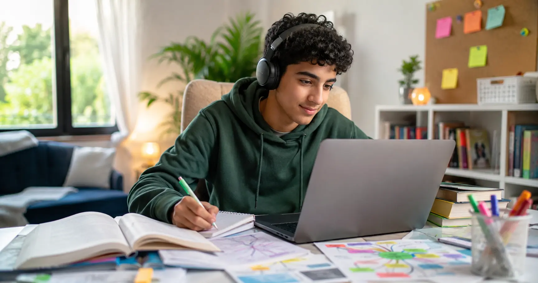 Neurodivergent teenager studying iGCSE English online in a bright, calm home learning space with a laptop, colourful notes, books, mind maps, and supportive educational resources, illuminated by natural light.