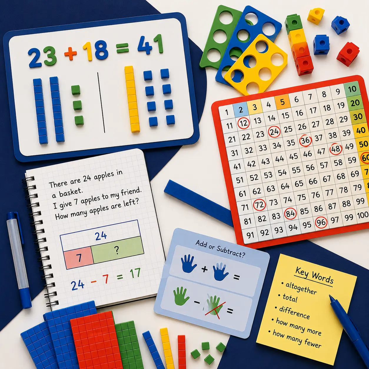 Colourful maths manipulatives including base ten blocks, hundreds chart, Numicon-style resources, place value materials, number activities and problem-solving tools.