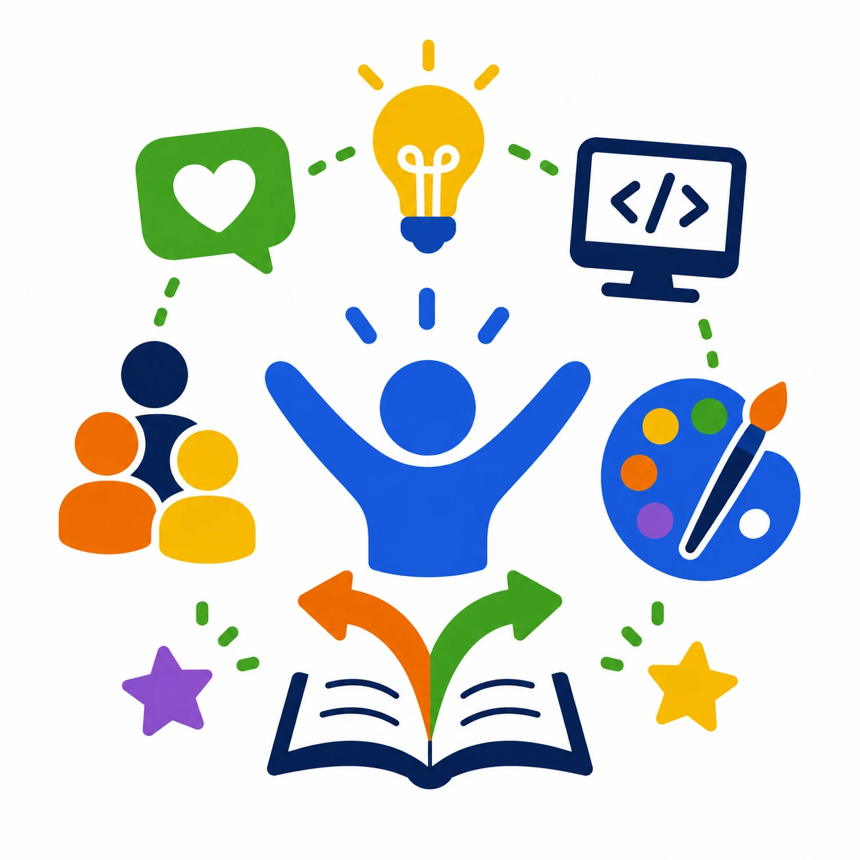 Illustration of a learner exploring different learning pathways with books, creativity, human interaction and independent thinking at the centre.