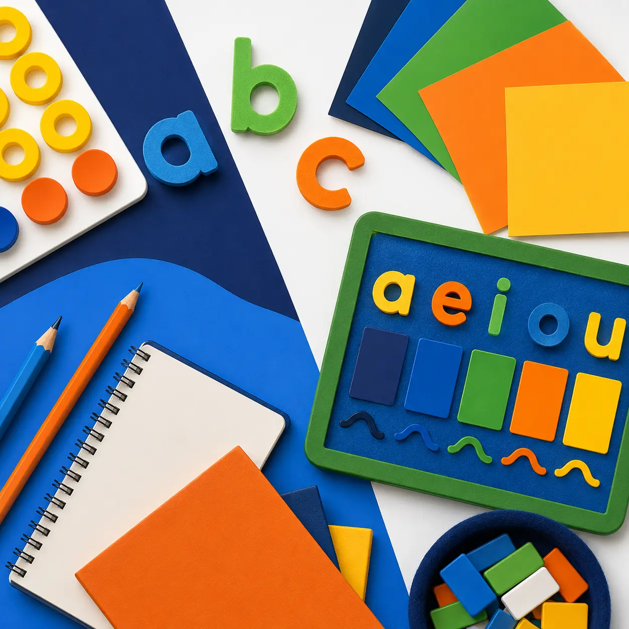 Colourful phonics learning resources including magnetic letters, vowel activities, counters, flashcards, pencils and writing materials arranged on a bright tabletop.