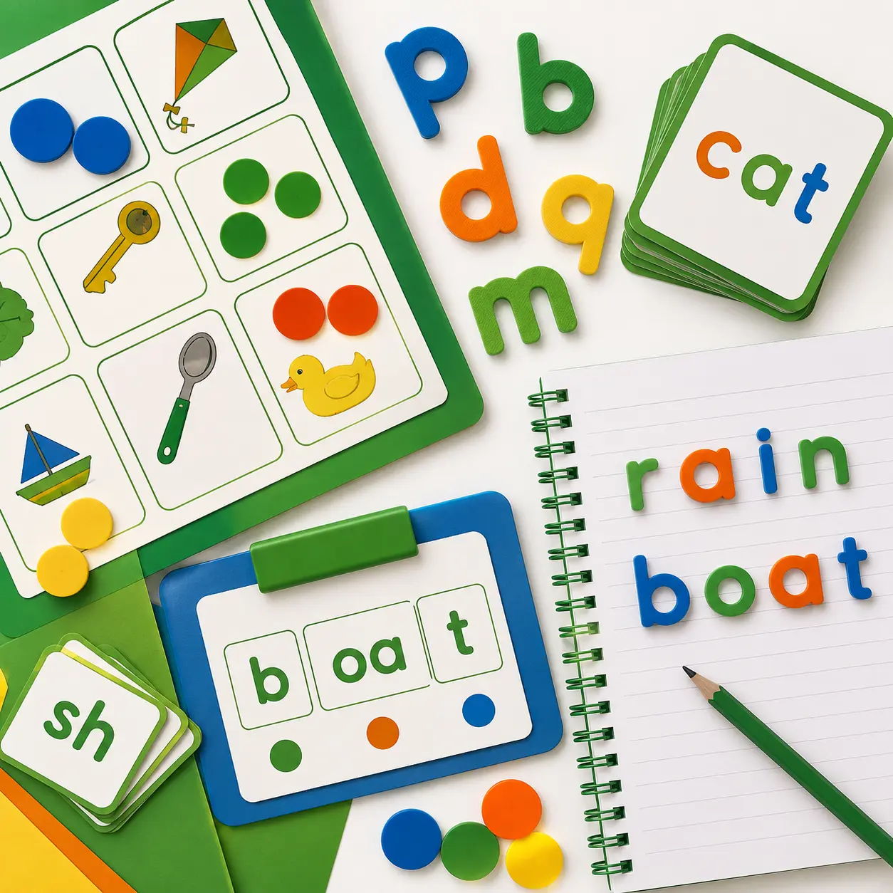 Dyslexia-friendly spelling and reading resources including phonics cards, magnetic letters, word-building activities, counters and literacy games arranged on a clean workspace.