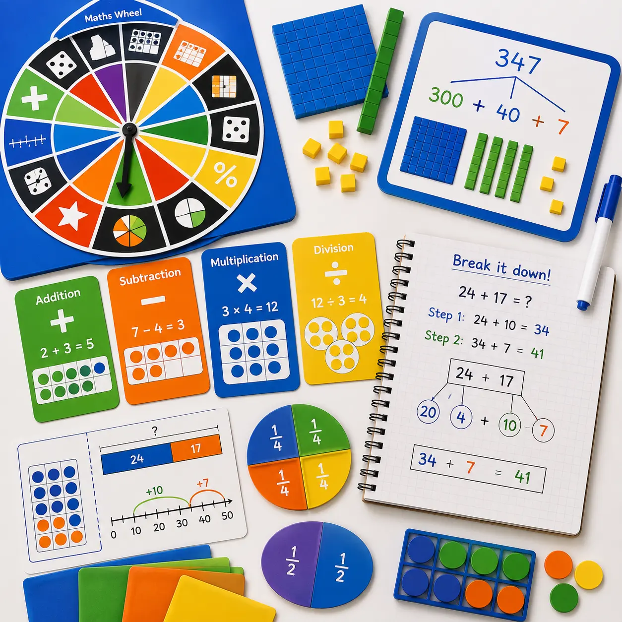 Dyscalculia-friendly maths resources including number manipulatives, place value blocks, fraction circles, operation cards, visual maths aids and problem-solving activities.