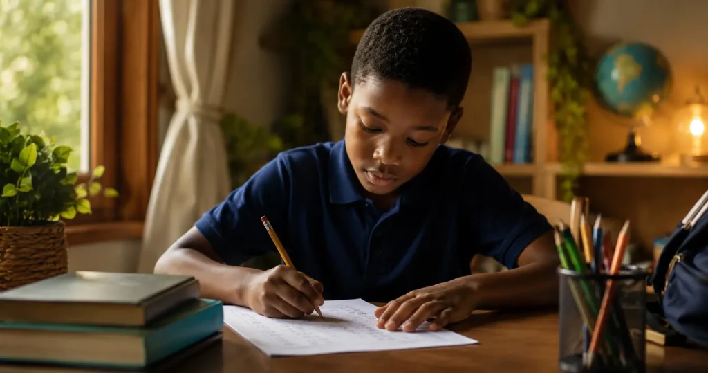 Focused primary school student sitting a GL Assessment-style practice exam at a tidy desk in a warm, home learning environment with books, stationery, and natural light.
